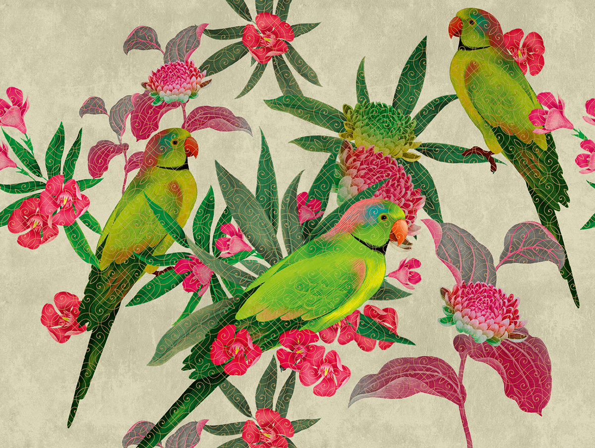 38254-1 Parrots PANNELLO DIGITALE THE WALL- COMPOSTO DA 7 TELI: SVILUPPO A PARETE 371 cm x 280 cm H.