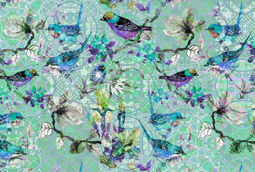 DD110256 Mosaic Birds 3: Stampa digitale su supporto TNT Vlies Premium mt.4x2,7h.