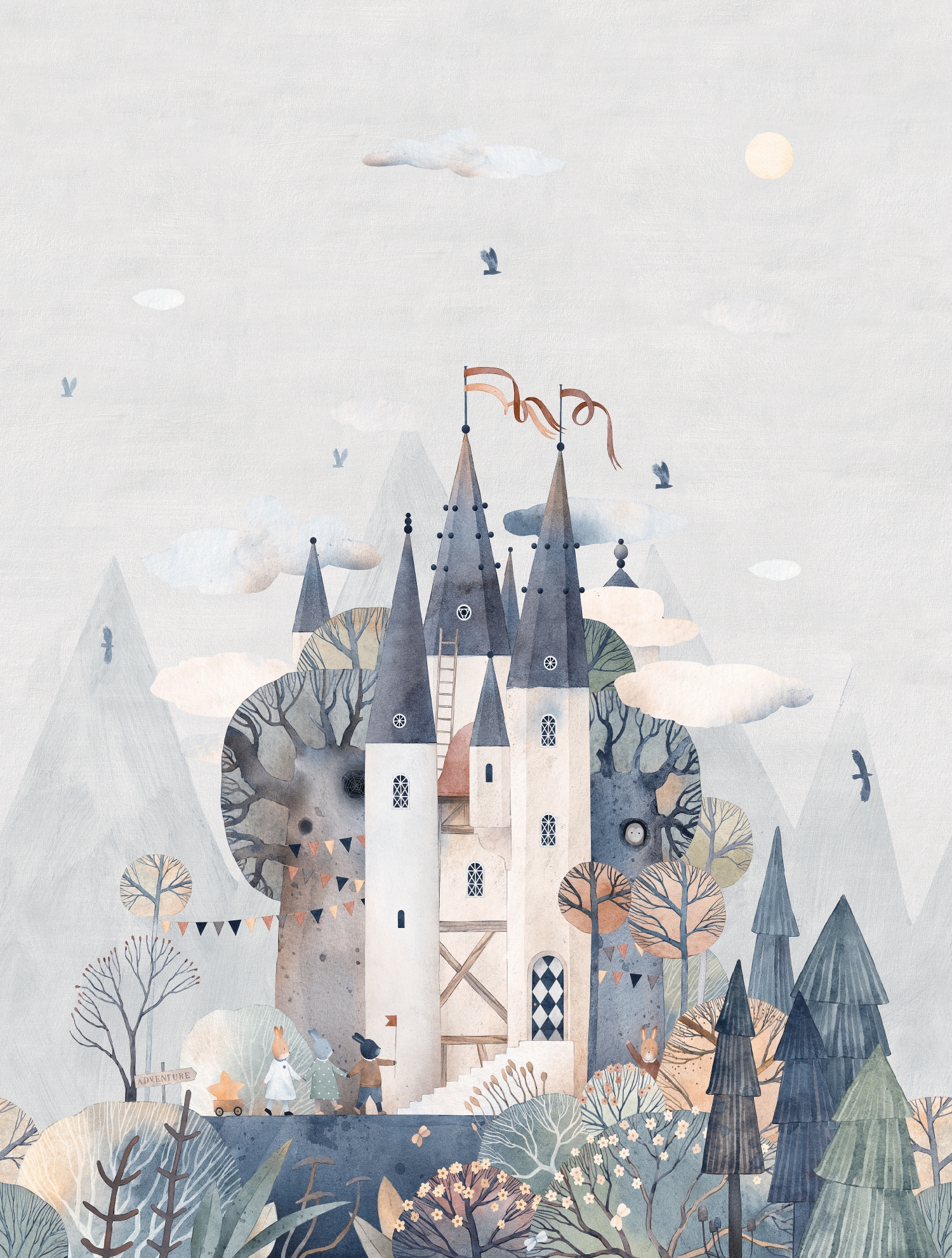 CW6005-2 Fairytale Castle Denim Blue, Stampa Tnt Cute Walls, Misura mt.2,12x2,80H