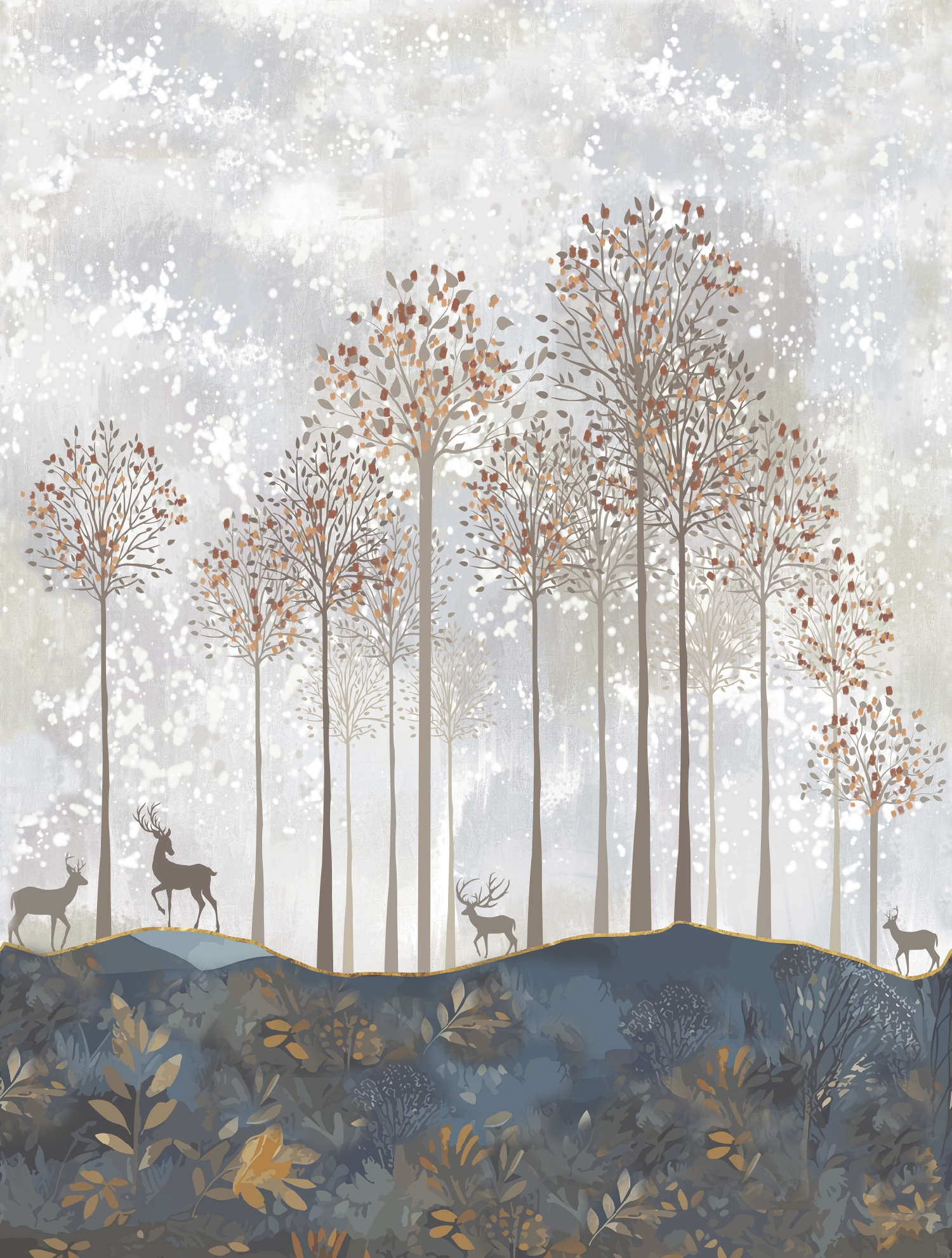 CW6047-1 Forest Deer Navy Blue, Stampa Tnt Cute Walls, Misura mt.2,12x2,80H