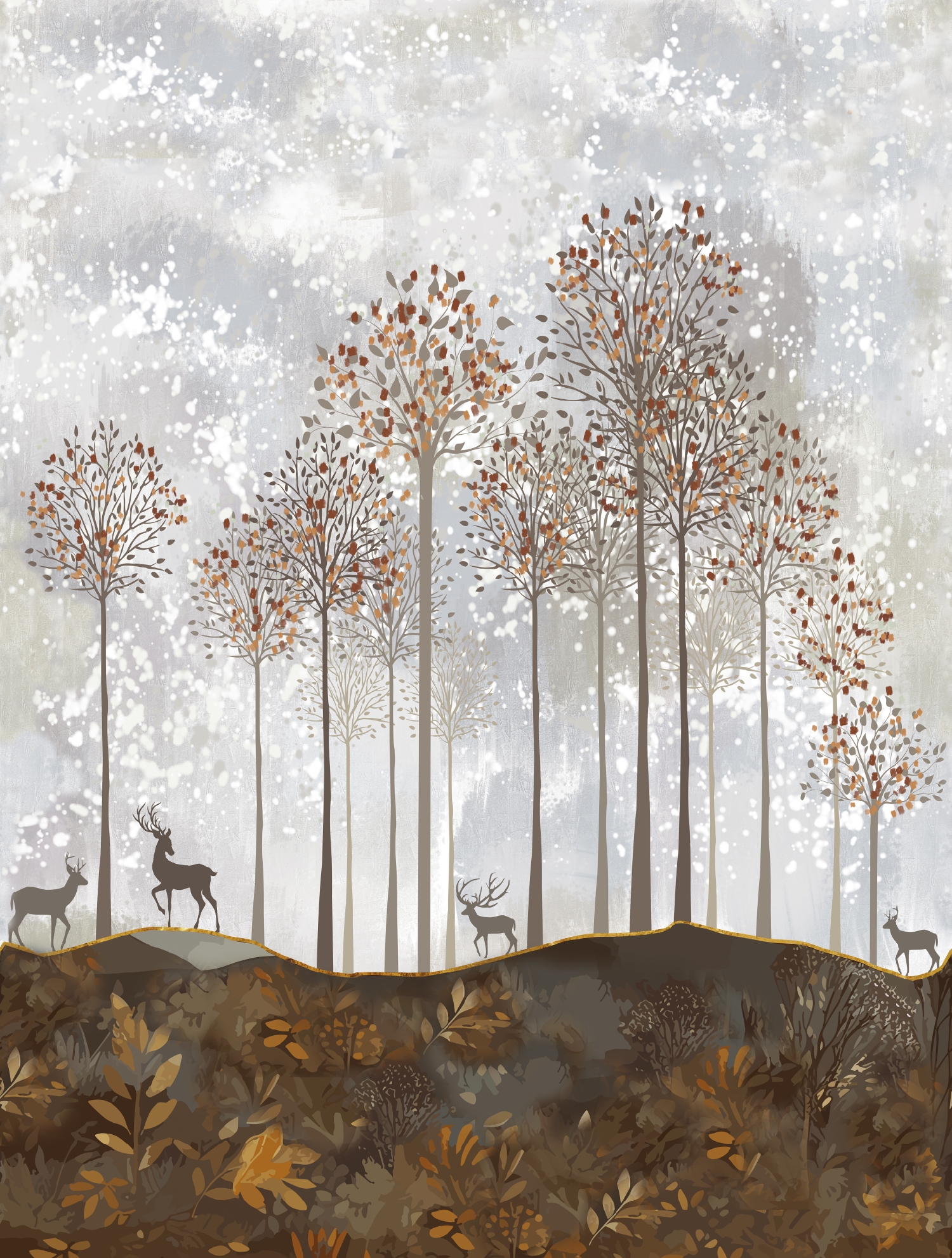 CW6047-2 Forest Deer Rustic Brown, Stampa Tnt Cute Walls, Misura mt.2,12x2,80H