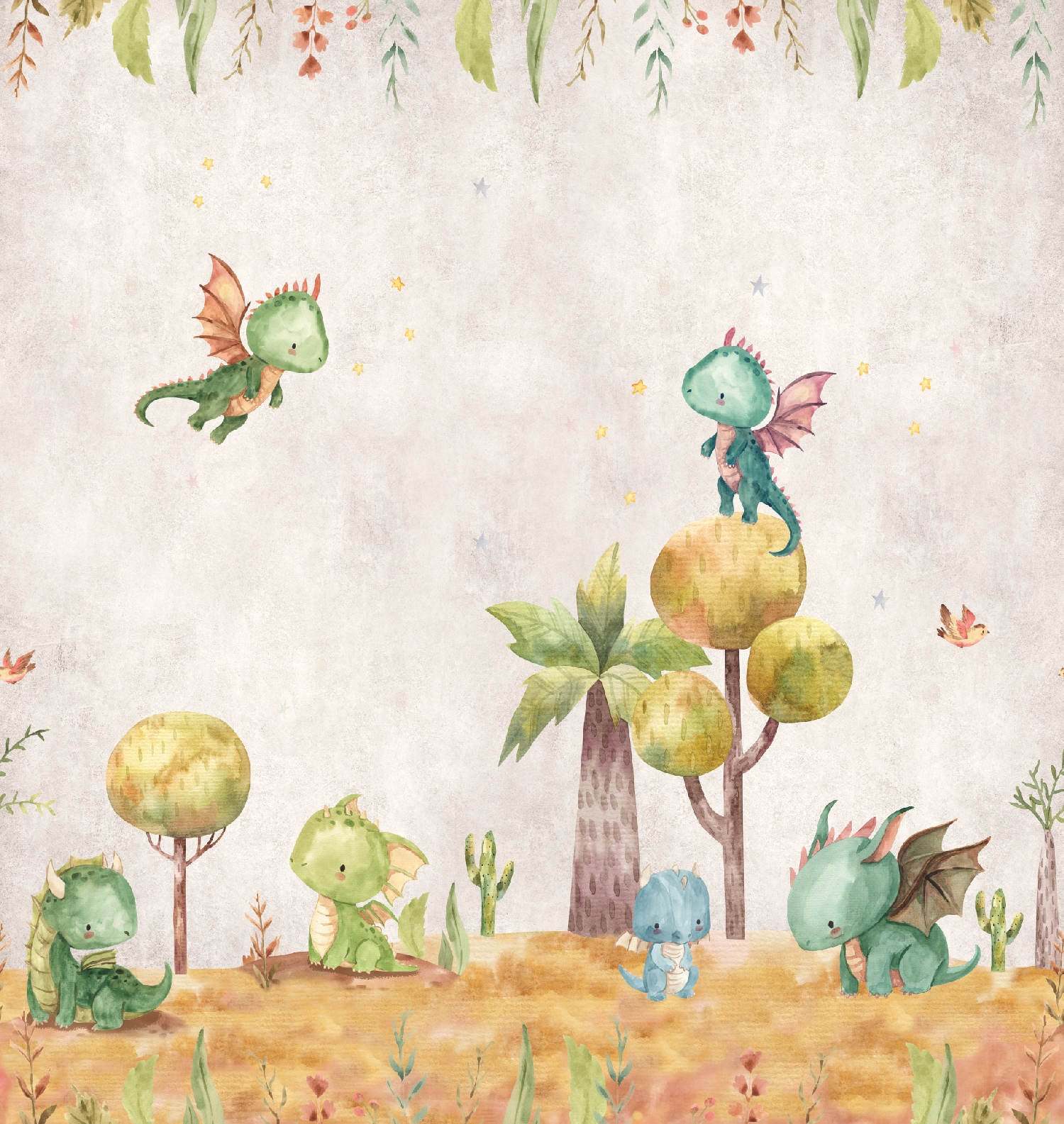 CW6053-1 Little Dragons Wonderland Multicolour, Stampa Tnt Cute Walls, Misura mt.2,65x2,80H