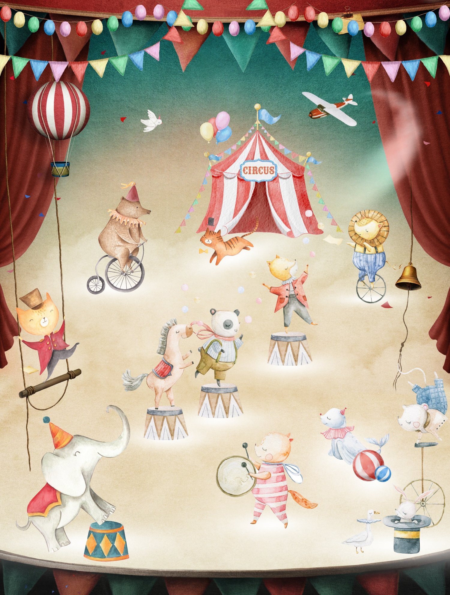 CW6056-1 Playing Circus Multicolour, Stampa Tnt Cute Walls, Misura mt.2,12x2,80H