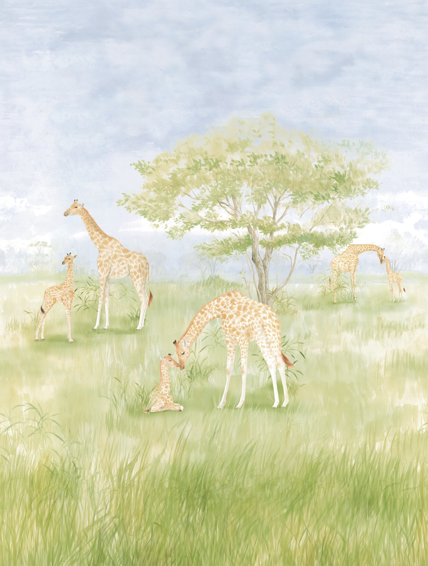 CW6112-2 Herd of Giraffes Seafoam Green, Stampa Tnt Cute Walls, Misura mt.2,12x2,80H