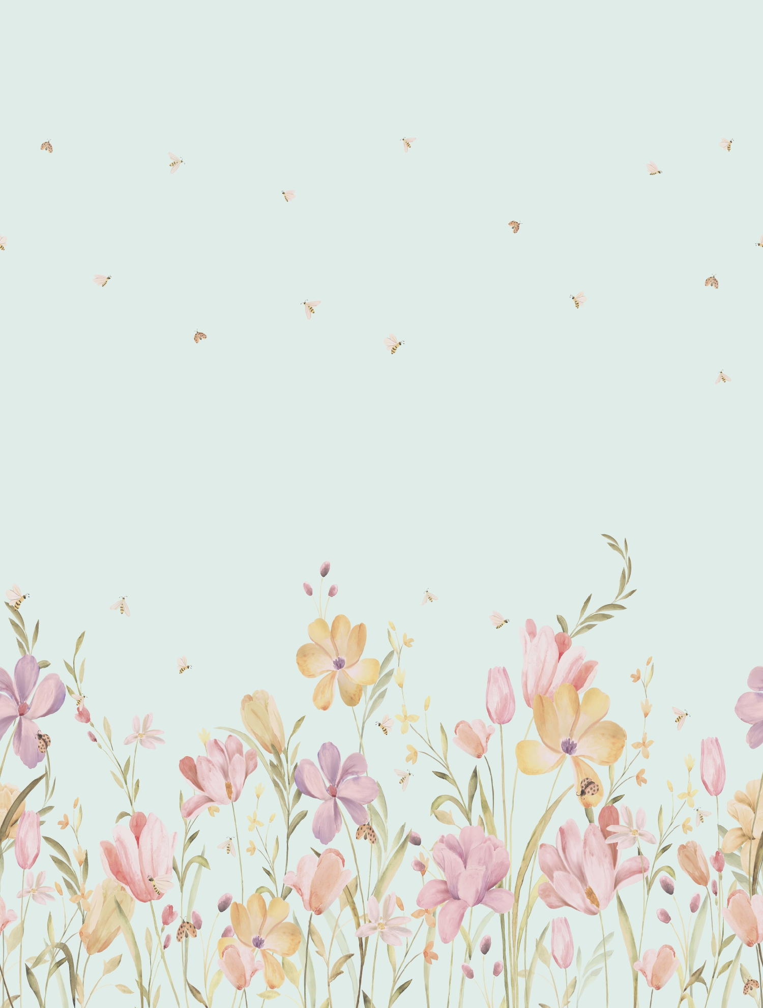 CW6129-2 Bee Flowers Skylight Blue, Stampa Tnt Cute Walls, Misura mt.2,12x2,80H