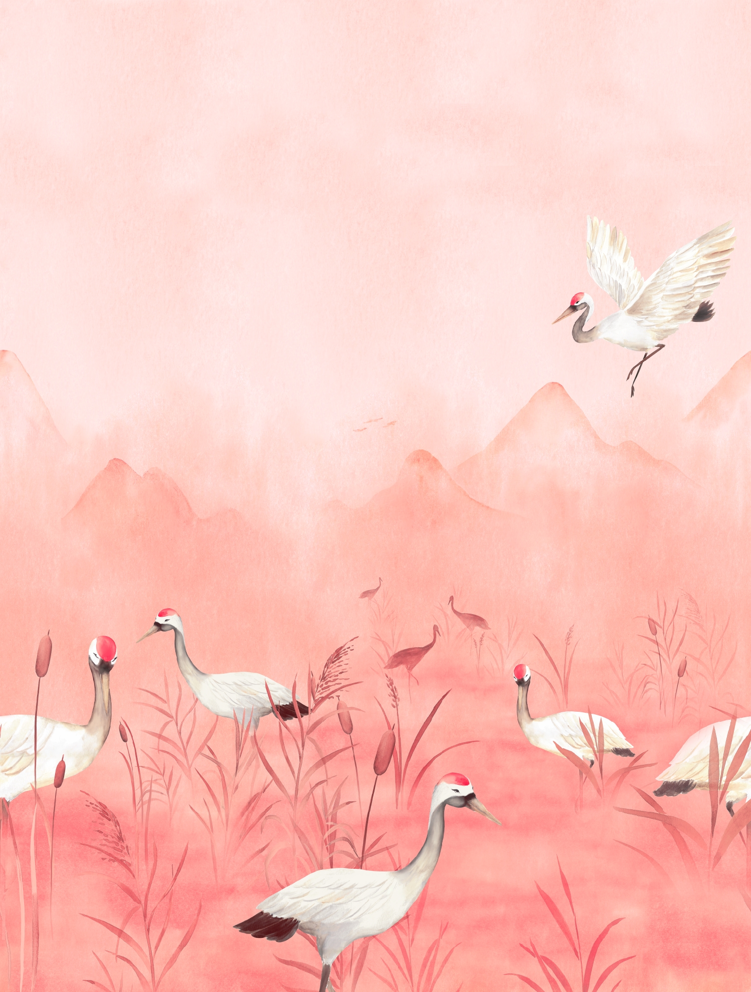 CW6150-1 Crane Dance Meadow Geranium Pink, Stampa Tnt Cute Walls, Misura mt.2,12x2,80H