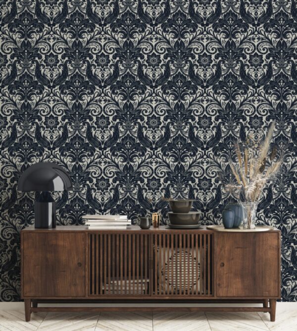 LB25167  Parato Floccato Tnt Off The Wall, Damask Sauvage Blue, Rotoli da mt.10,05x0,53 - immagine 2