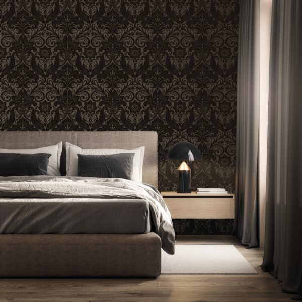 LB25168  Parato Floccato Tnt Off The Wall, Damask Sauvage Bronze Brown, Rotoli da mt.10,05x0,53 - immagine 2