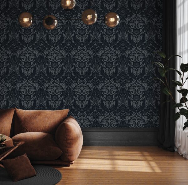 LB25169  Parato Floccato Tnt Off The Wall, Damask Sauvage Blue, Rotoli da mt.10,05x0,53 - immagine 2