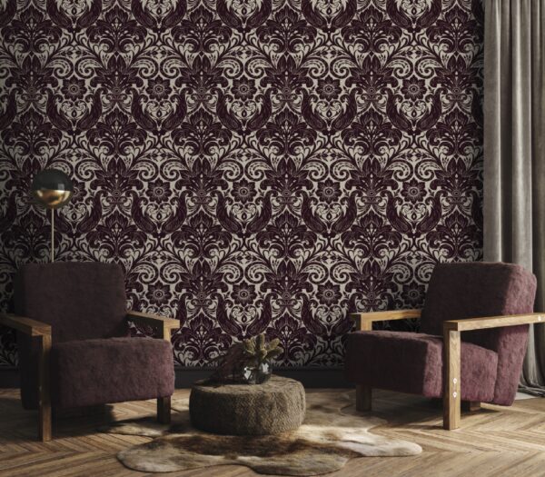 LB25170  Parato Floccato Tnt Off The Wall, Damask Sauvage Red, Rotolida mt.10,05x0,53 - immagine 2